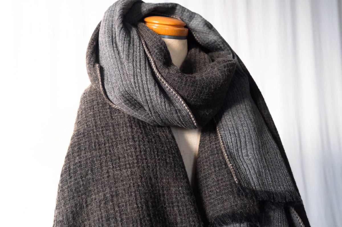 Cotton Wool W-Face Muffler - Brown×Gray